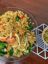 Chinese Fried Rice, salad, and Goatmeat 